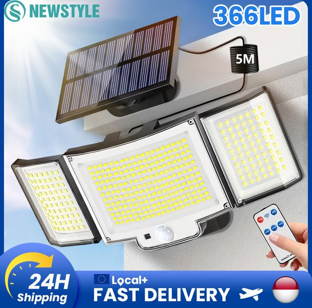 Solar-Außenleuchte mit 366 LED und Bewegungssensor, IP65 wasserdichte Solar-Sicherheitsleuchte mit Fernbedienung und 1800 mAh Akku, 3-Kopf-Weitwinkel-Flutlicht in Schwarz für den Garten - Bild 1