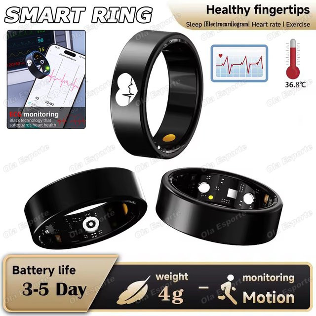 YeasMaie Smart Ring Schwarz mit EKG-Erkennung, Blutdruckmessung, Herzfrequenz und Körpertemperatur, wasserdichter Unisex Smartring - Bild 1