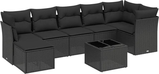 vidaXL 8-tlg Garten-Sofagarnitur in L-Form aus schwarzem Poly-Rattan mit Kissen und pulverbeschichtetem Stahlgestell - Bild 1