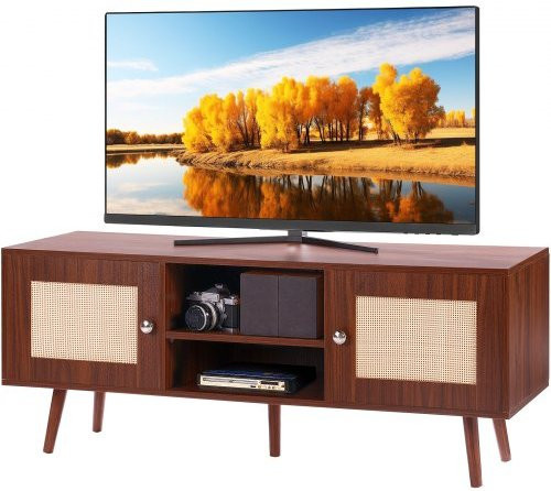 VEVOR Rattan TV Stand im Mid Century Modern Design, Boho TV Cabinet für bis zu 55 Zoll Fernseher mit verstellbaren Regalen, Farbe: Walnuss/Braun, Breite: 120,0 cm, Höhe: 40,0 cm, Tiefe: 49,0 cm - Bild 1