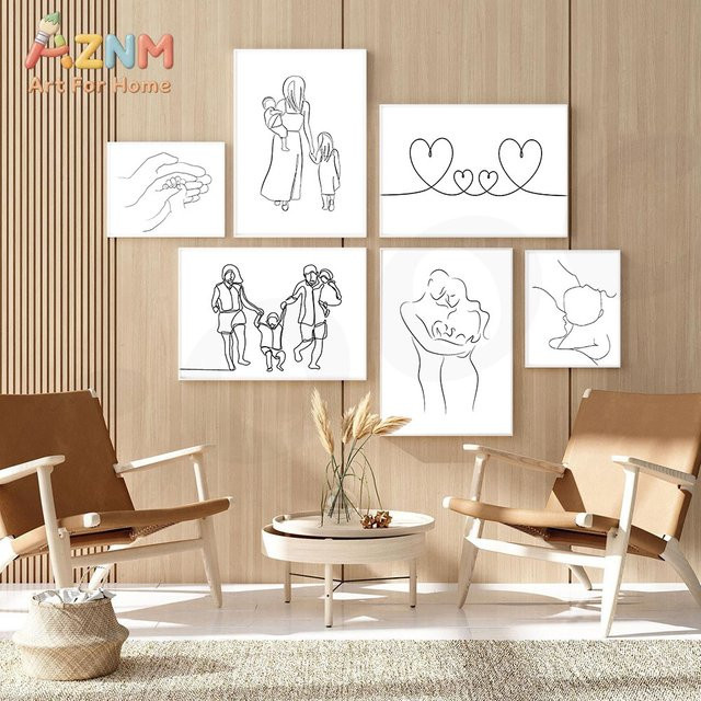 AZNM Minimalistisches Leinwandposter mit abstraktem Mutter-Kind-Motiv als Wandkunst für Kinderzimmer und Wohnzimmer - Bild 1