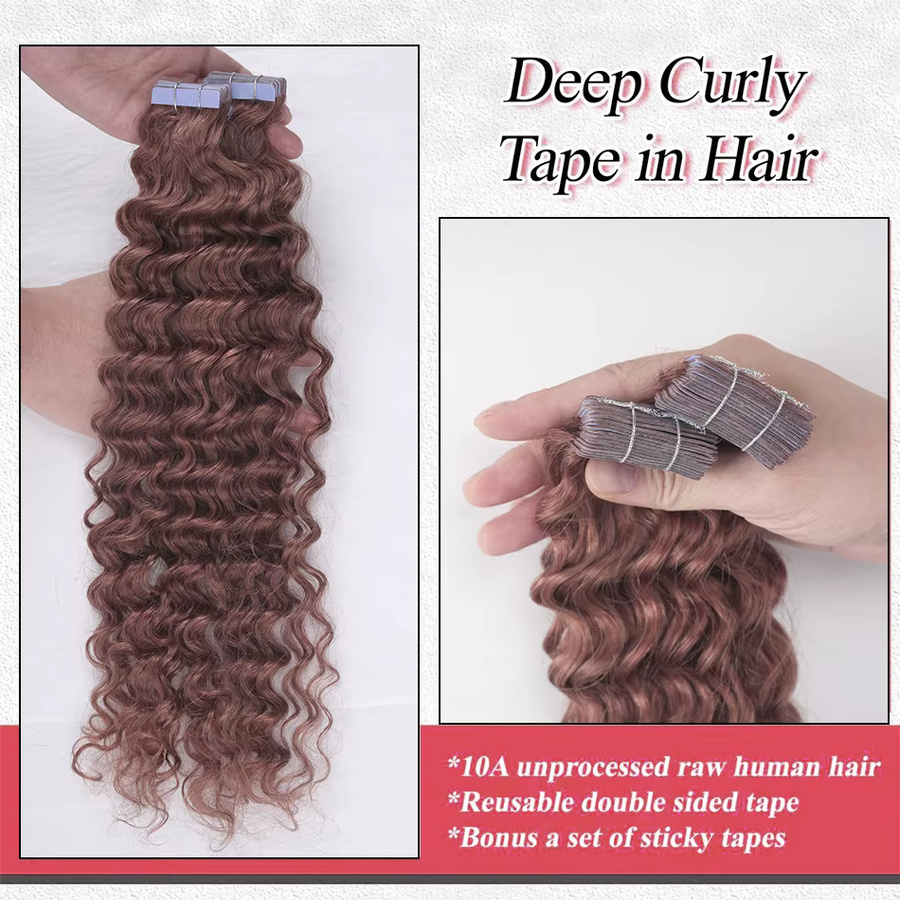 GAEINO Deep Wave Tape Haarverlängerung, 100 % Echthaar, braun, Damen - Bild 3