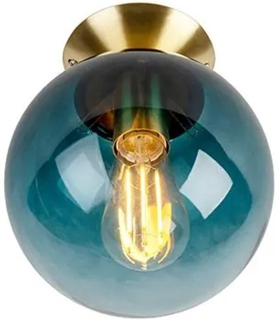 QAZQA Art Deco Deckenleuchte Messing mit blauem Glaslampenschirm Pallon, dimmbar, E27 - Bild 1