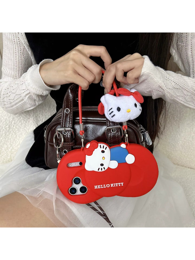 Ins-Style Hello Kitty Handyhülle für Apple iPhone mit Stoßfestem Schutz, Griff und Schlüsselband in Schwarz und Rot - Bild 4