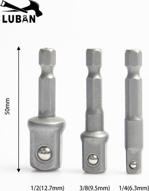 3er-Set Hex-Adapter aus Chrom-Vanadium-Stahl für Bohrmaschinen, Sechskant-Schaft auf 1/4 Zoll, 3/8 Zoll und 1/2 Zoll, Farbe Silber - Bild 1