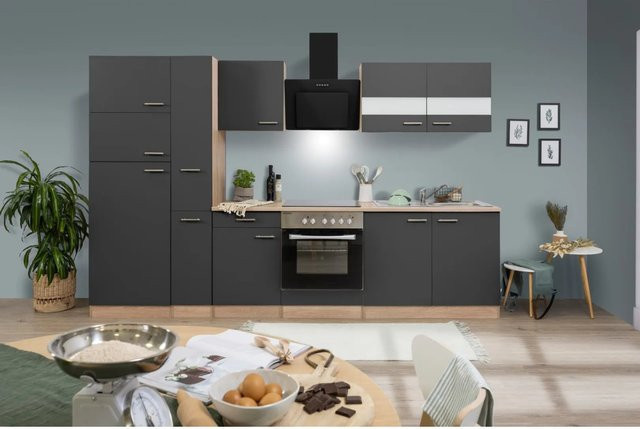 Respekta Küchenzeile KB300ESGCGKE in Grau-Eiche Sägerau Nachbildung mit Glastüren und Soft-Close-Funktion, Breite: 300 cm, Tiefe: 55 cm - Bild 1