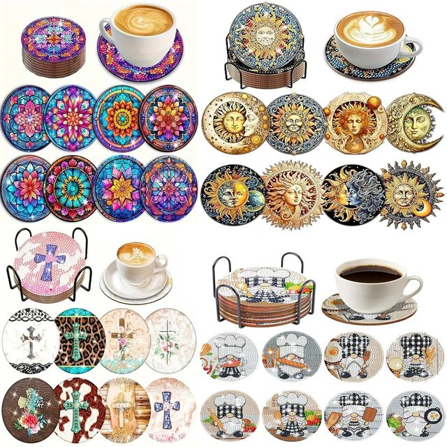 8-teiliges DIY-Diamantmalerei Set mit Mandala-Untersetzern aus Acryl und Halter in Multicolor - Bild 1