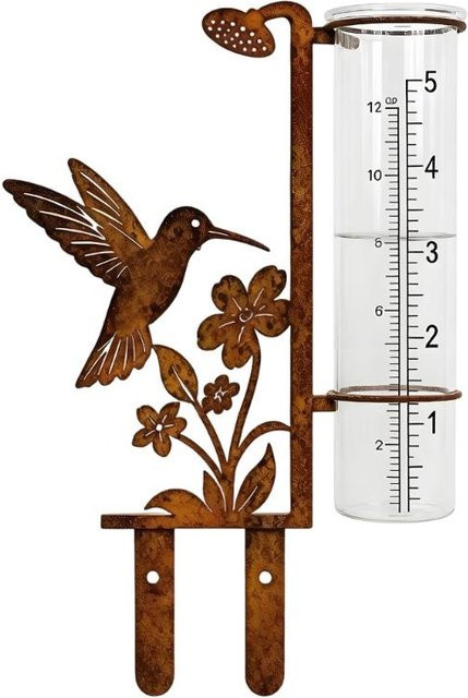 Water Loquat Metall-Garten-Regenmesser mit dekorativem Vogel- und Blumen-Design in Weiß und Braun - Bild 1