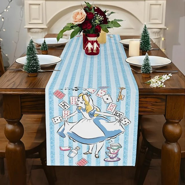 VIKAMA Tischläufer Alice im Wunderland in Blau mit Kaninchen- und Poker-Print - Bild 1