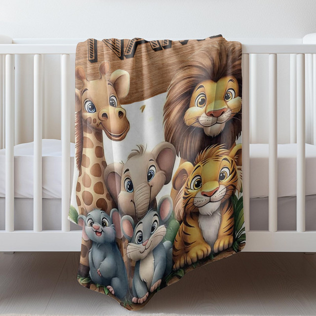 VIKAMA Waldtier-Decke mit Giraffen- und Löwenmuster in Multicolour, weiche Kuscheldecke für das Kinderzimmer, B/T: 90 x 60 cm - Bild 1
