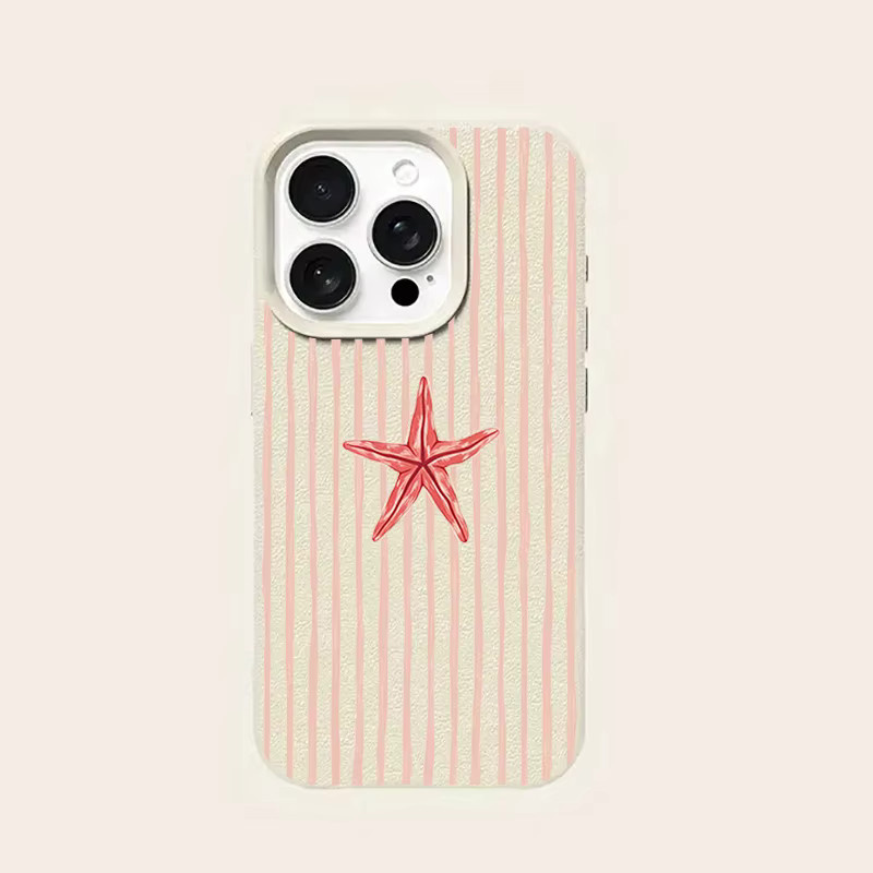 Preppy iPhone Handyhülle aus Leder mit rosa Streifen und roten Seesternen für Apple iPhone 17 16 15 14 13 12 11 Pro Max - Bild 2