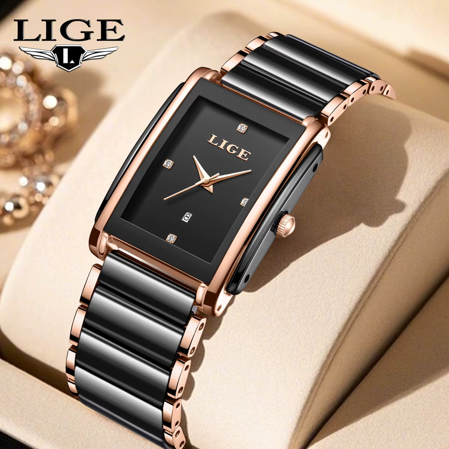 LIGE Armbanduhr Keramik, Quarz, Eckig, Diamantbesetzt, Schwarz, Damen - Bild 5