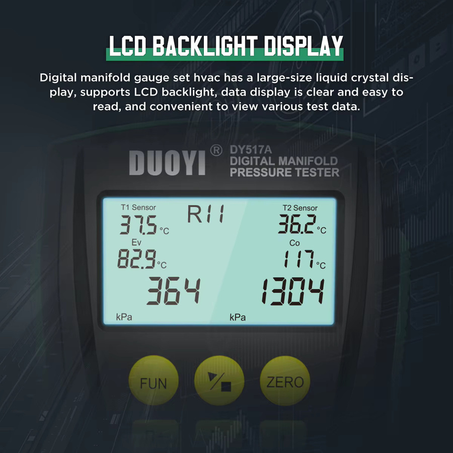 DY517 Kältesystem-Tester Digitales Vakuum- und Druckmanometer mit Temperaturanzeige und Ventilwerkzeug Kühlsystem-Kit - Bild 4
