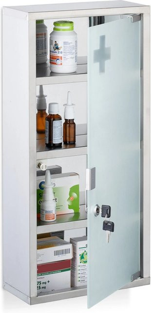 Relaxdays Medizinschrank aus Edelstahl mit Milchglastür und Schloss, Silber, B/T/H: 57 x 27 x 12 cm - Bild 1