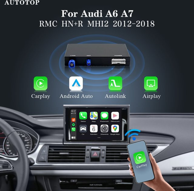 AUTOTOP Drahtloses CarPlay und Android Auto Interface für Audi A6 C6 A7 HN HNR BNav HNav RMC MHI2 mit MirrorLink, Airplay und Rückfahrkamera in Schwarz und Grau - Bild 1