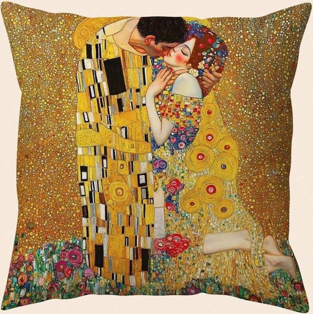 JMG Clothing Kissenbezug Gustav Klimt Der Kuss Kunstgemälde in Beige und Gold, B/H: 40 x 40 cm - Bild 1