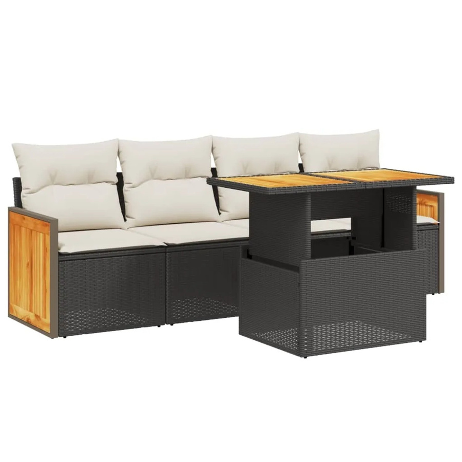 vidaXL 5-teilige Garten-Sofagarnitur aus Poly-Rattan und Akazienholz in Schwarz mit Kissen - Bild 2