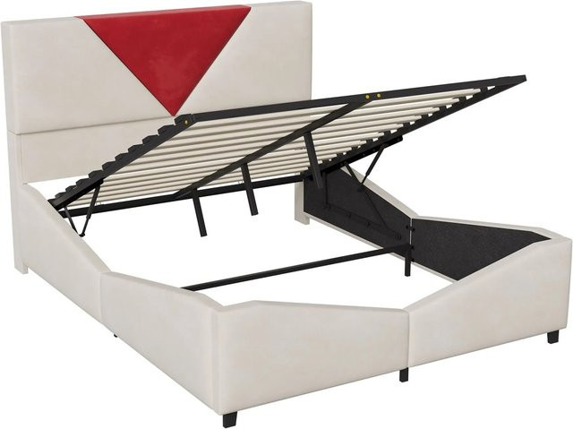 PXloue Polsterbett mit Stauraum und Kopfteil aus Samt in Beige, B: 140 cm, L: 200 cm - Bild 1