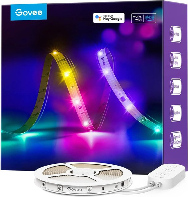 Govee RGBIC Basic LED-Leuchtstreifen H618A, 5 m, Multicolour und Weiss, dimmbar und kürzbar, mit WLAN und Bluetooth Steuerung für Alexa und Google Assistant - Bild 1