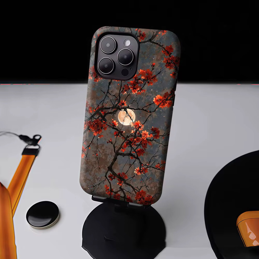 Aurbe Matte 2-in-1 MagSafe Hülle mit Schutzfilm für iPhone 17 16 Plus 17 Pro Max, Stoßfeste Hartschale, Mondlicht-Rot Kirschblütenzweige - Bild 4