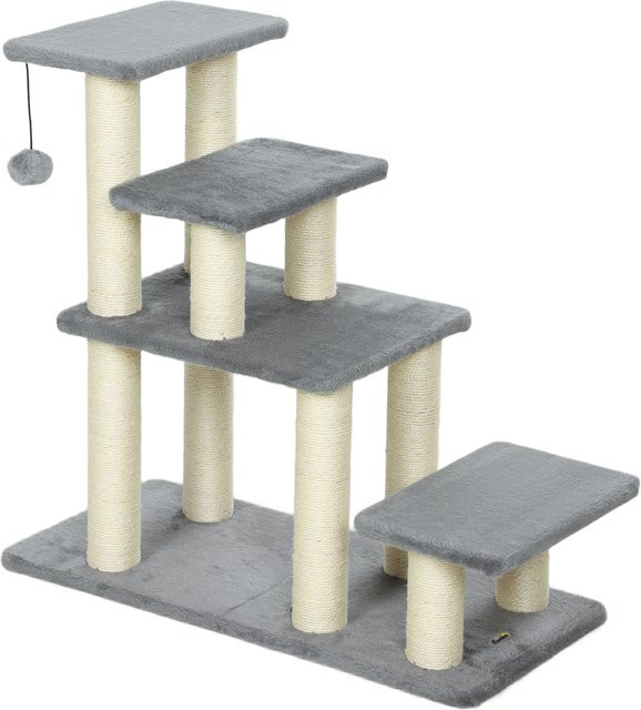 PawHut Verstellbare Haustiertreppe mit 3 oder 4 Stufen in Grau von Aosom mit Sisal-Kratzsäulen und Spielball für Katzen und Hunde - Bild 1