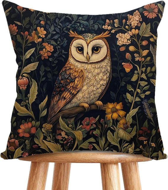 VIKAMA Vintage Kissenbezug Wald Eule in Braun, B/B: 30 x 30 cm - Bild 1