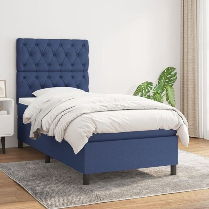 vidaxl Boxspringbett mit Matratze in Blau und Weiß aus Stoff, Modernes Design, B/T: 80 x 200 cm - Bild 1