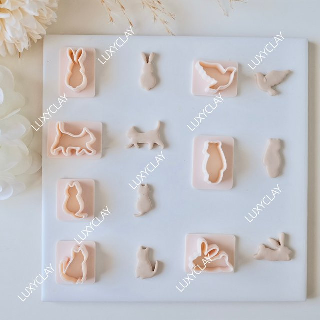 7-teiliges Set Ohrring-Ausstechformen aus Kunststoff mit Katzen, Hasen, Eisbär und Tauben für die Schmuckherstellung aus Polymer-Ton - Bild 1