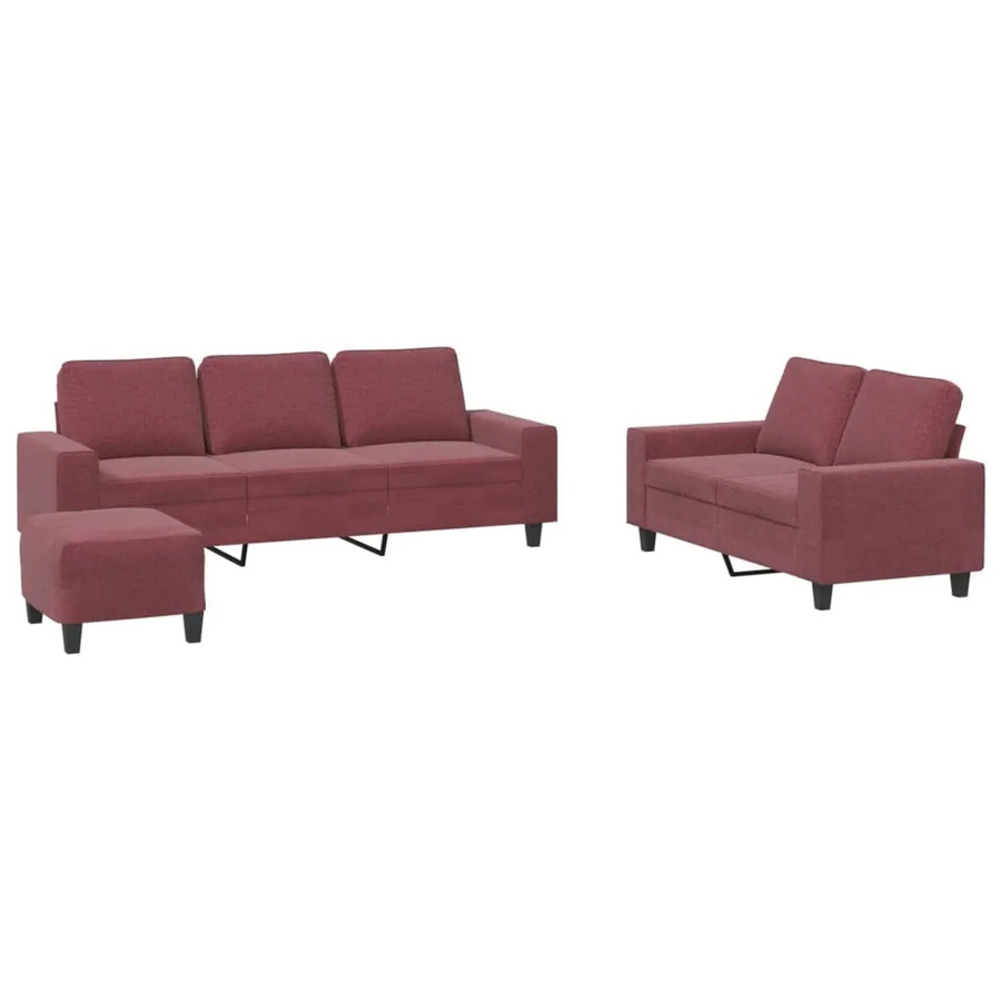 vidaXL 3-teilige Sofagarnitur in Weinrot mit 3-Sitzer, 2-Sitzer und Ottoman aus Stoff und Metall - Bild 2