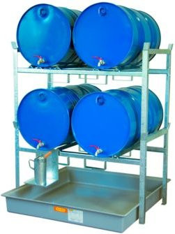 CEMO Fassregal Typ 800 Variante 2 mit GFK-Auffangwanne und Fassauflage, grau/blau, B: 128 cm, T: 141 cm, H: 162 cm - Bild 1