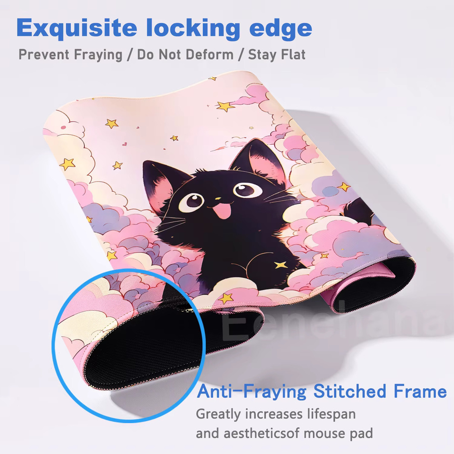 Eenehana Mauspad Kawaii Kunst Stil Schwarze Katze auf Wolken in Rosa - Bild 2