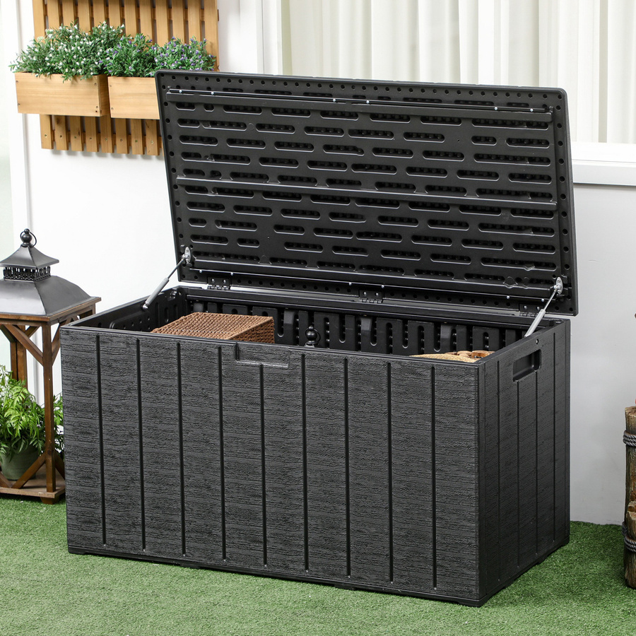 Outsunny Gartenbox in Holzoptik aus Kunststoff, 366 Liter wasserdichte Kissenbox mit Rollen und Griffmulden, UV-beständig, braun/schwarz - Bild 2