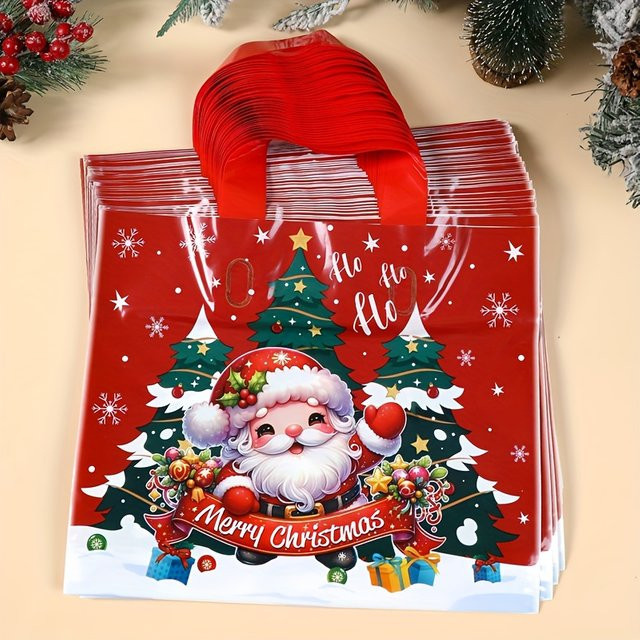 25 Stück rote Weihnachtsmann Weihnachtsbaum Geschenktüten aus Kunststoff mit Merry Christmas Design für deine Feiertage - Bild 1