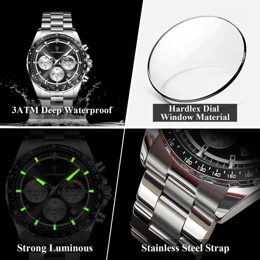 POEDAGAR Armbanduhr Chronograph, Quarz, Edelstahl, Schwarz, Herren - Bild 4