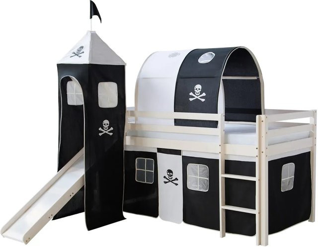 Homestyle4u Hochbett Pirat Design aus Kiefernholz mit Vorhang in Weiß und Schwarz für Kinder, B/T/H: 208 x 90 x 110 cm - Bild 1