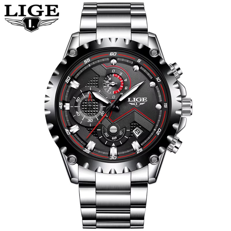 LIGE Armbanduhr Quarz, Edelstahl, Schwarz, Silber, Herren - Bild 5