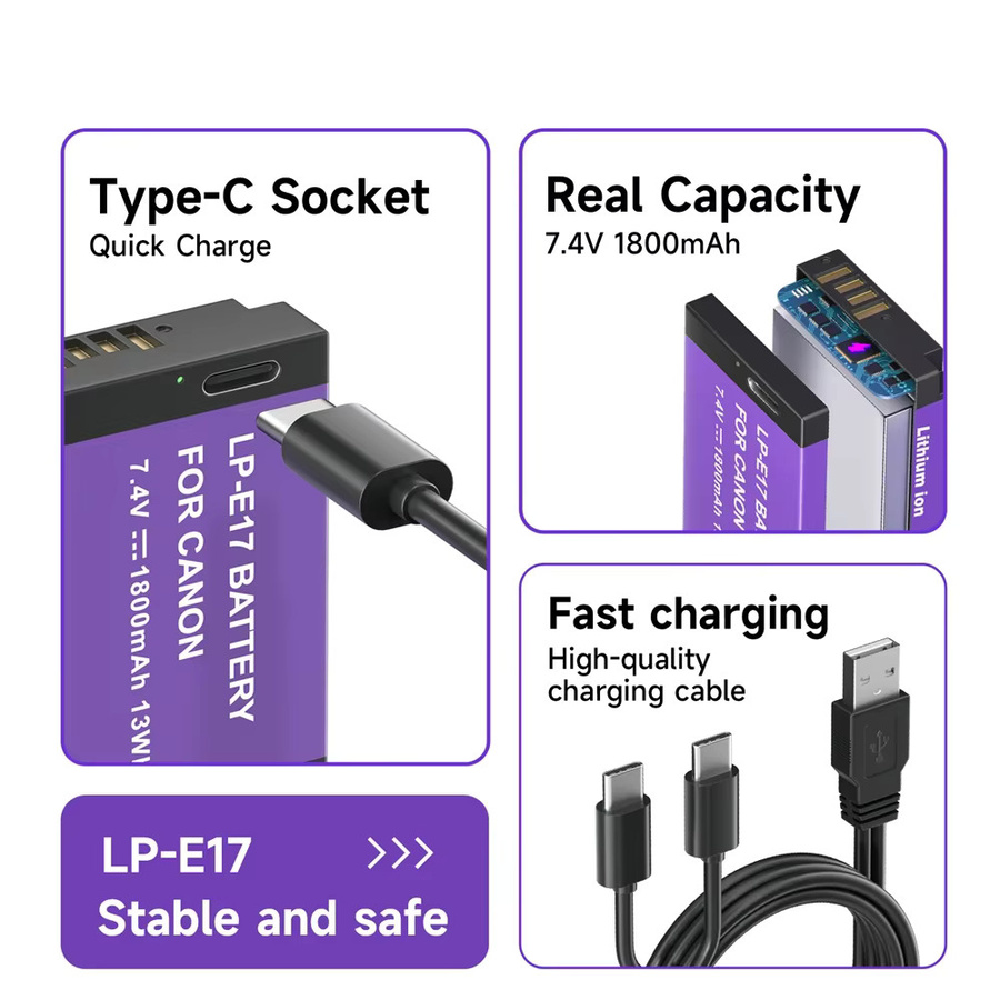 2 Stück LP-E17 Akku mit USB Typ C Anschluss für Canon EOS RP 200 250D M3 M5 M6 750D 760D T6i T6s 800D 8000D 77D Kiss X8i, 1800mAh - Bild 3