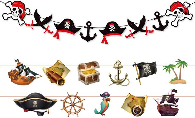 PartiesTour Piraten Wimpelkette aus Papier für deine Geburtstagsparty in Gold und Multicolour - Bild 1