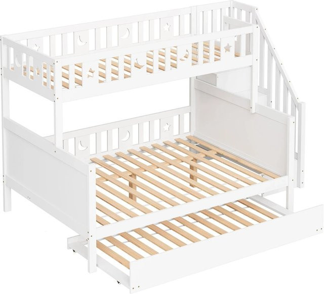 Merax Etagenbett aus Massivholz und MDF mit Rollbett und Treppe in Weiß, B/T/H: 252 x 140 x 90,75 cm - Bild 1