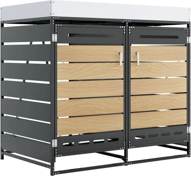 PXloue Mülltonnenbox mit Pflanzkasten und 2 Fächern in Grau aus Eisen mit Holzoptik und Schloss - Bild 1