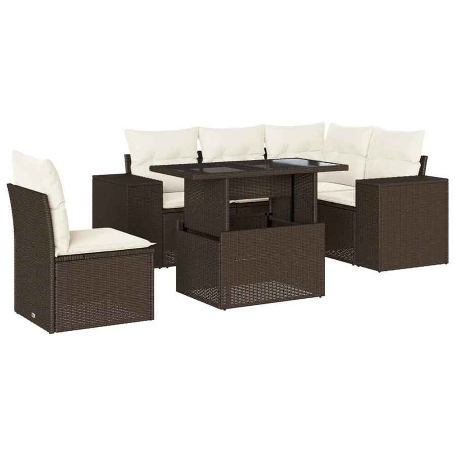 vidaXL 6-teilige Garten-Sofagarnitur in L-Form aus braunem Poly-Rattan mit cremeweißen Kissen und pulverbeschichtetem Stahlgestell - Bild 2