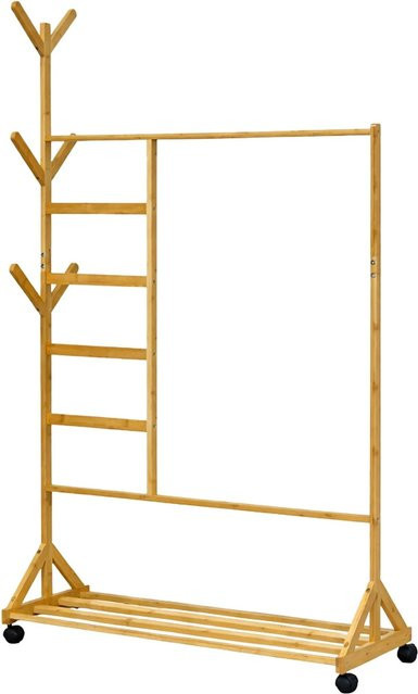 Relaxdays Kleiderständer aus Bambus in Natur mit Rollen und Bremsen, H: 171 cm, B: 97 cm, T: 37 cm - Bild 1