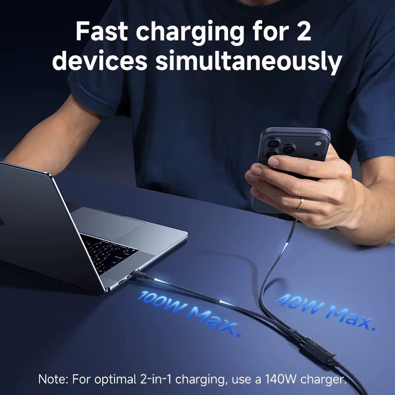 Baseus 2-in-1 USB-C auf Dual-Typ-C Schnellladekabel 140 W, PD3.1 QC PPS Datenkabel für Laptop, Tablet und Smartphone, Schwarz - Bild 3