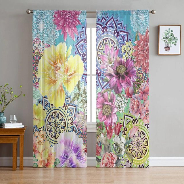 Böhmische Retro-Ethno-Tüllvorhänge von A Family Of Home Textiles, transparente Voile-Vorhänge mit floralem Muster, Breite: 135 cm, Höhe: 114 cm - Bild 1