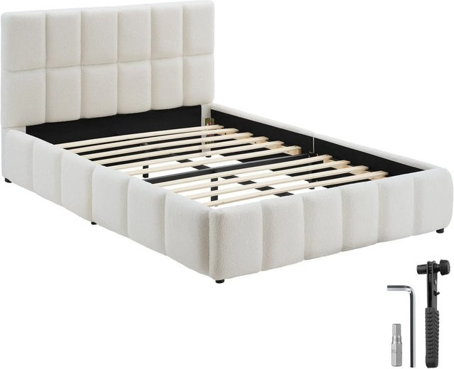 Tectake Polsterbett Shirley mit Teddystoff und Kassettensteppung in Cremebeige, H x B x T: 93 x 220 x 133 cm - Bild 1