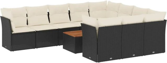 vidaXL 11-teilige Garten-Sofagarnitur aus Poly-Rattan und Akazienholz in Schwarz-Creme mit Kissen - Bild 1