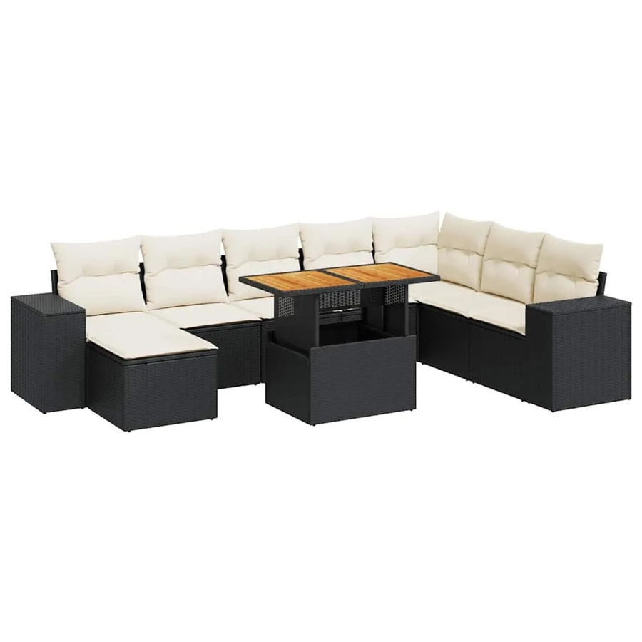 vidaXL 9-teilige Garten-Sofagarnitur aus Poly-Rattan und Akazienholz in Schwarz-Creme mit Kissen - Bild 2