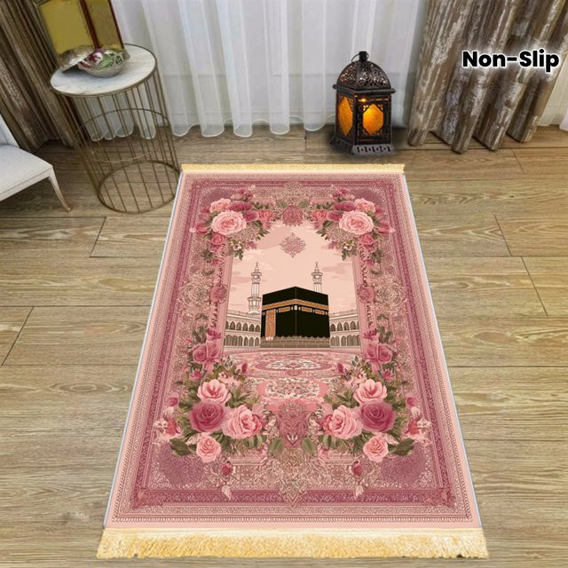 VIKAMA Muslimischer Gebetsteppich mit rosa Herz-Print und floralem Design, faltbare und waschbare islamische Reisematte in Pink - Bild 1