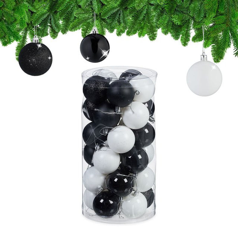 Relaxdays Weihnachtskugeln im 30er Set aus Kunststoff, Bruchsicherer Baumschmuck in Schwarz/Weiß, Durchmesser: 6 cm - Bild 1