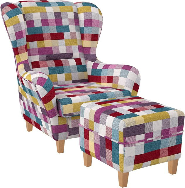 Supellex Sofia Ohrensessel mit Hocker im Patchwork Design kariert bunt - Bild 1